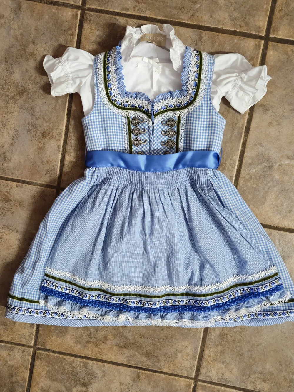 Blue Girls Dirndl Authentic Dress with White Blouse - Traditional Festive Dress